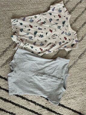 Neutral Gray Striped and Cream Printed Baby One-Piece Duo